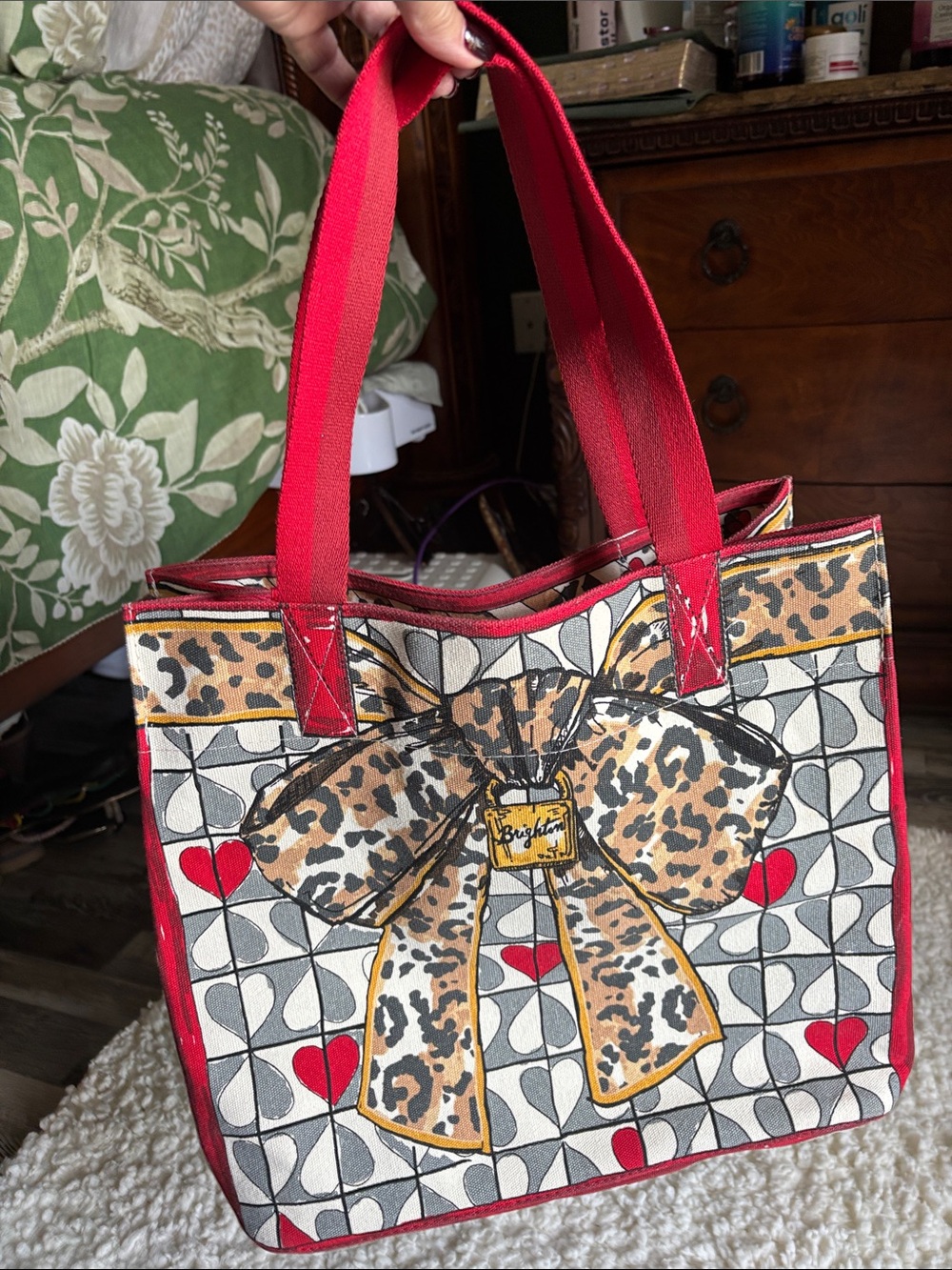 Brighton Red Canvas Tote with Leopard Bow Accent 14” x 16”